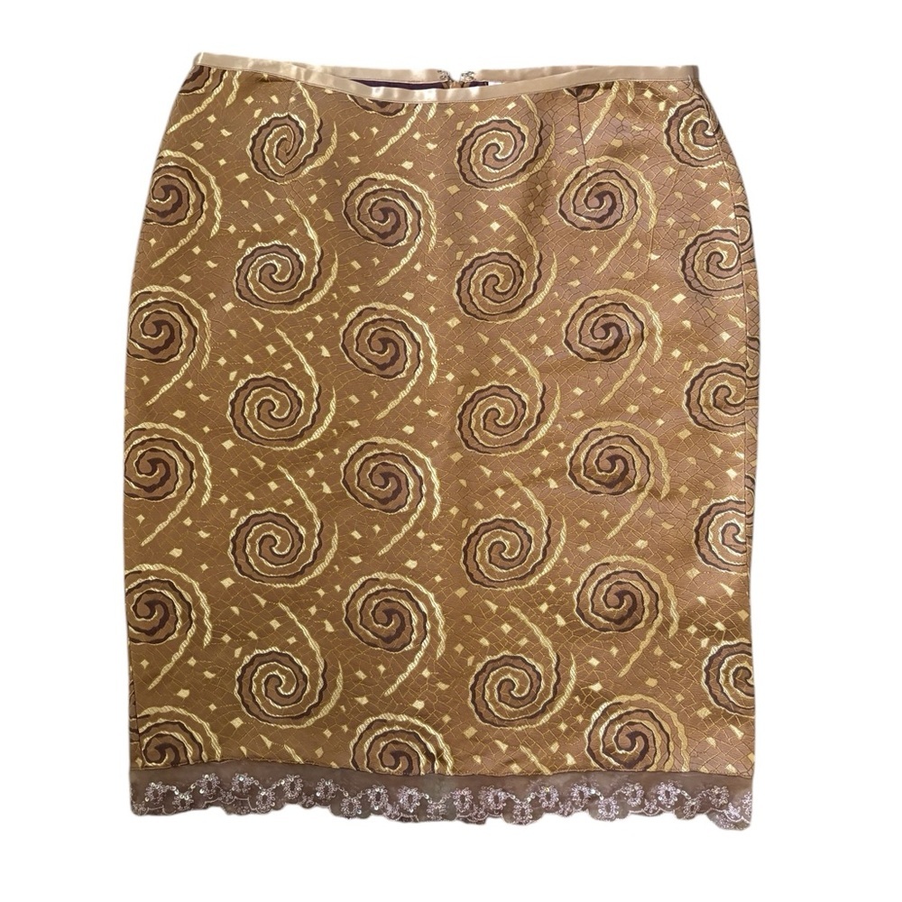 Tom K Nguyen Vintage Swirl Brocade /Lace Pencil Midi Skirt Brown Size 10
